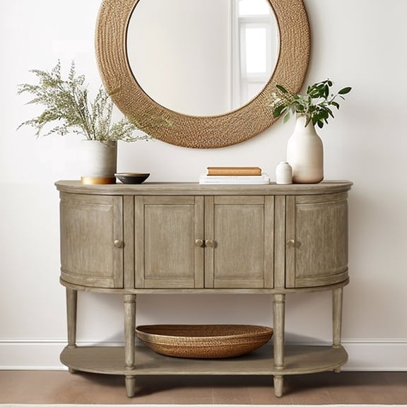 Curved Accent Cabinet, Lower Shelf, Solid Wood Veneer, Adjustable Interior Shelves, 47.5"w X 17"d 34"h Cabinet With Design, 4 Doors Gold Metal , Veneer Finish For Entryway