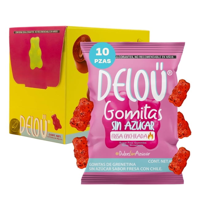 Deloü Gomitas Sin Azúcar - Pack 10 unidades de 40 gr - Sabor Fresa Enchilada - Dulces Sin Azúcar - Bajas en Calorías y Carbohidratos - Ingredientes 100% Natur