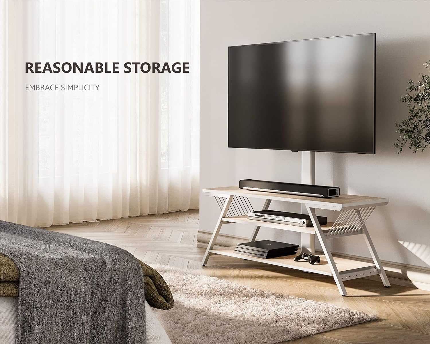 FITUEYES TV Stand with Mount for 32–65 Inch TVs, White, Swivel Mount, Height Adjustable