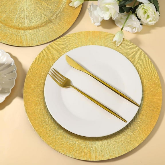 Bulk 13in Charger Plates 100 Pcs, Gold Plastic Round Trays, Holiday Party Table Decor Dinnerware