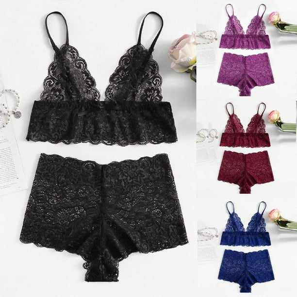 Women's 2 Piece Lingerie Set Sexy Cami Bra Panties for Honeymoon Boudoir  (Black,XL) 