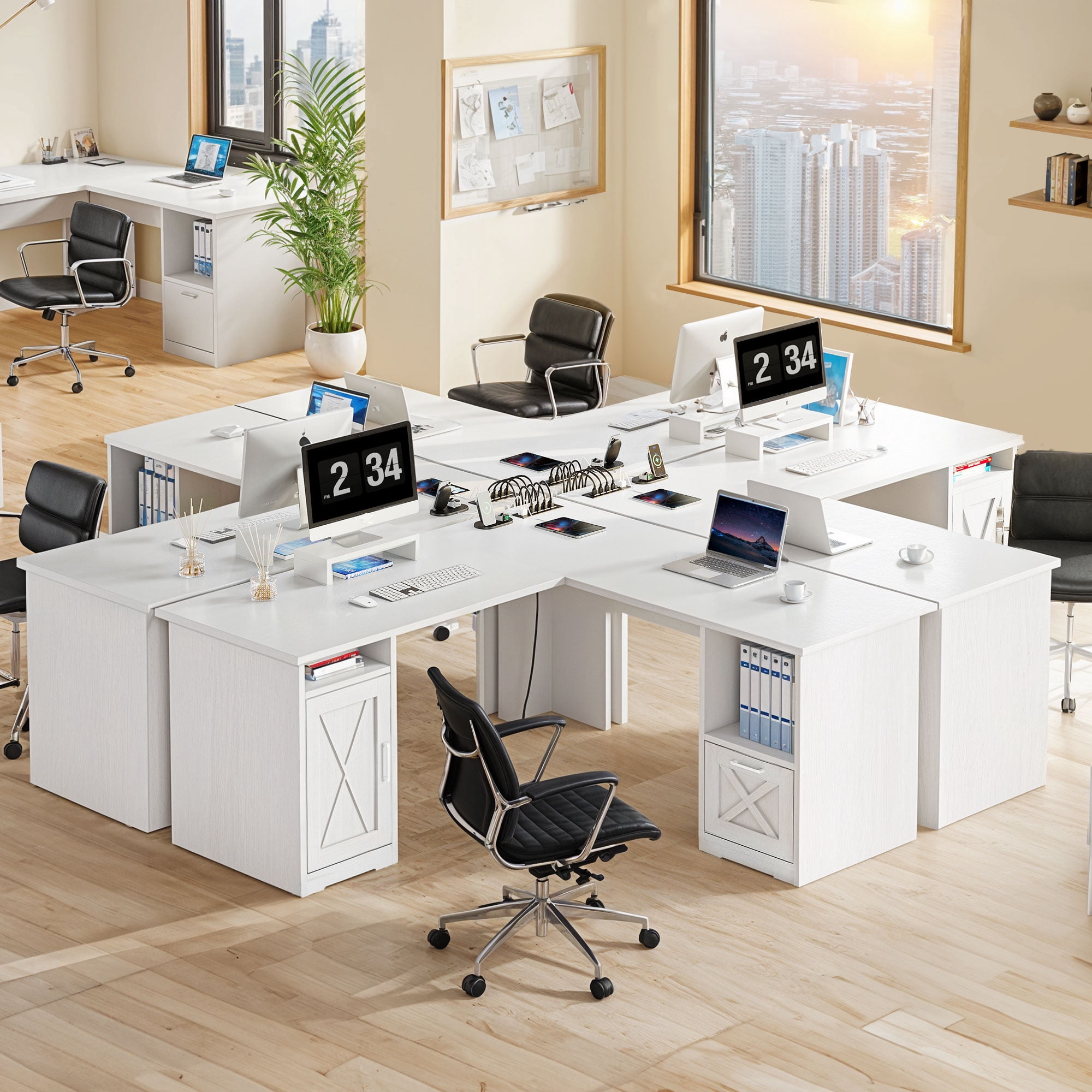 ModFusion 59 Inch L Shaped Corner Computer Desk with Power Outlets & USB Ports, Office Desk with File Drawer, Monitor Stand & Storage Shelves, White