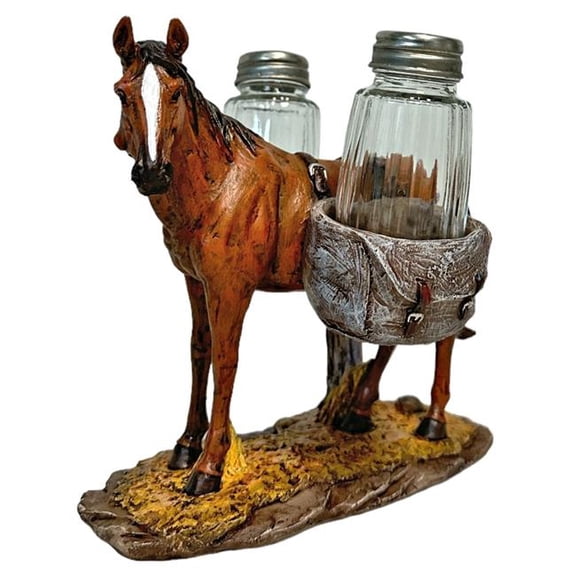 De Leon Collections 15699 Polyresin Pack Horse Barnyard Rustic Farmhouse Ranch Themed Salt and Pepper Shaker Holder Set