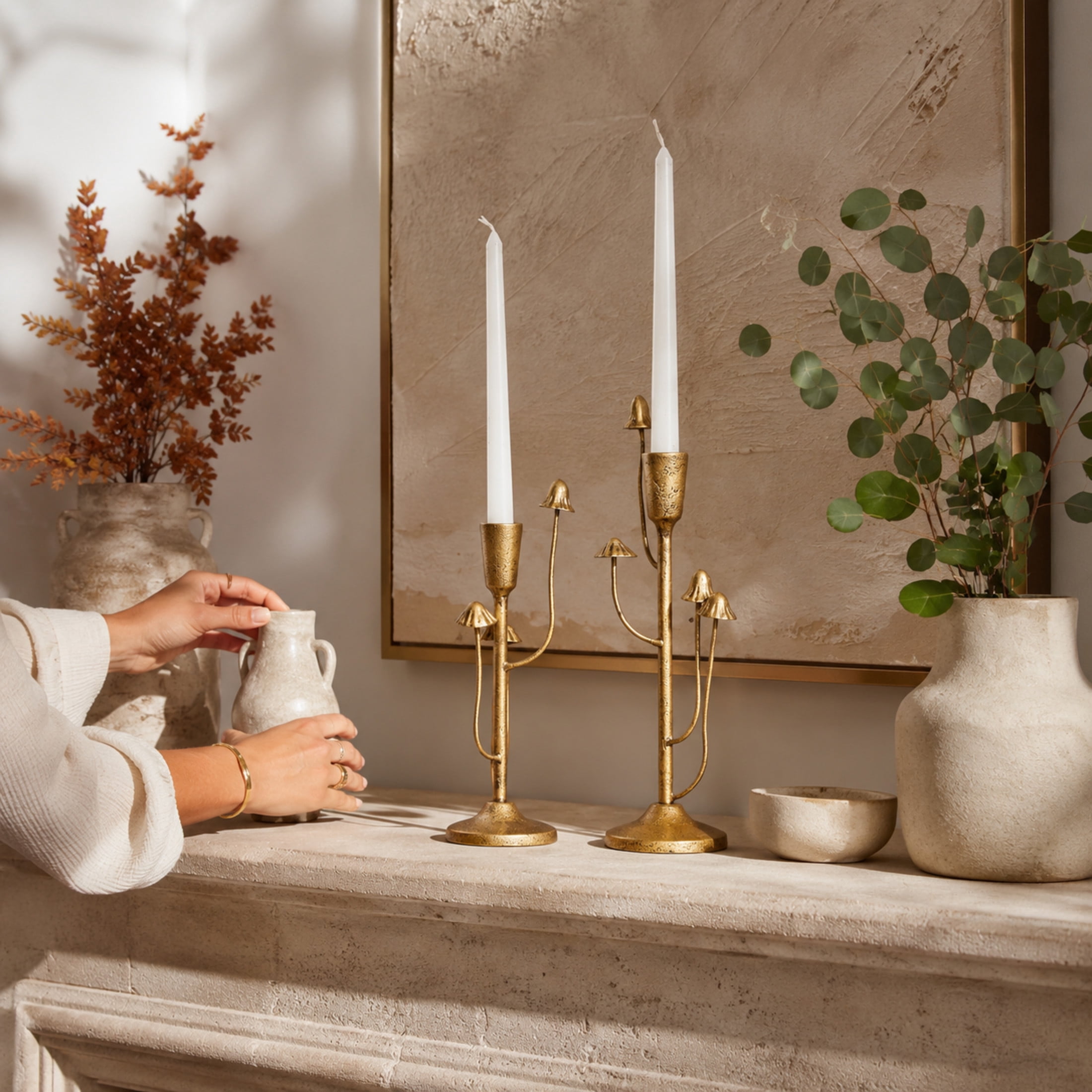 DecMode 2 Candle Gold Metal Abstract Mushroom Inspired Candle Holder, Set of 2