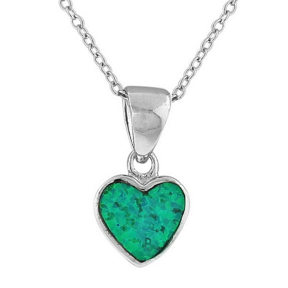 925 Sterling Silver Small Love Heart Simulated Opal Pendant Necklace