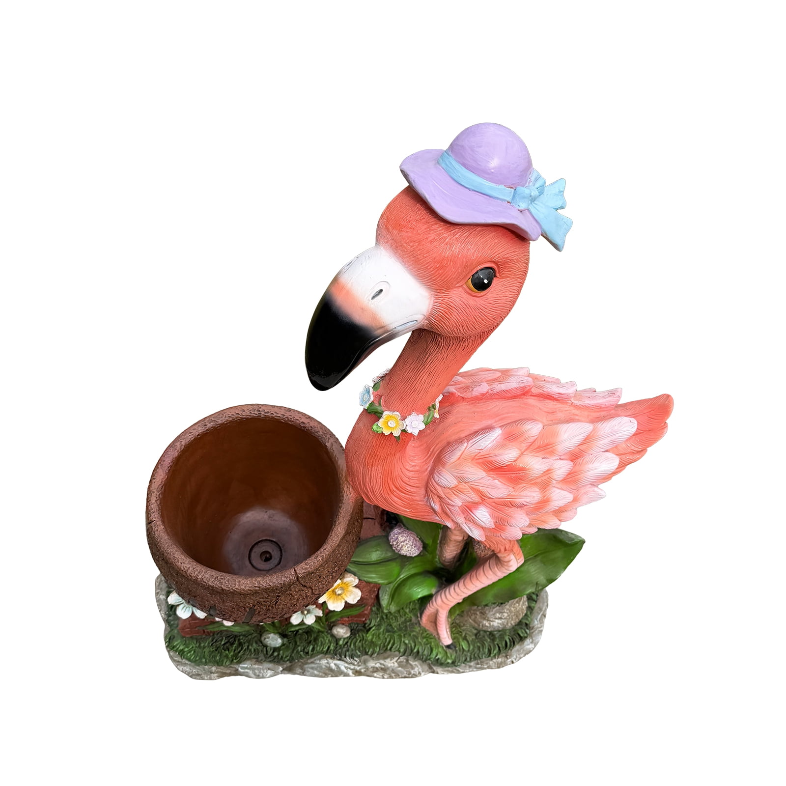 Set of 1 Outdoor Garden Flamingo Sculpture Flower Pot Planter, Pink Resin Yard Statue with Solar Light for Patio Decor，Purple  Hat