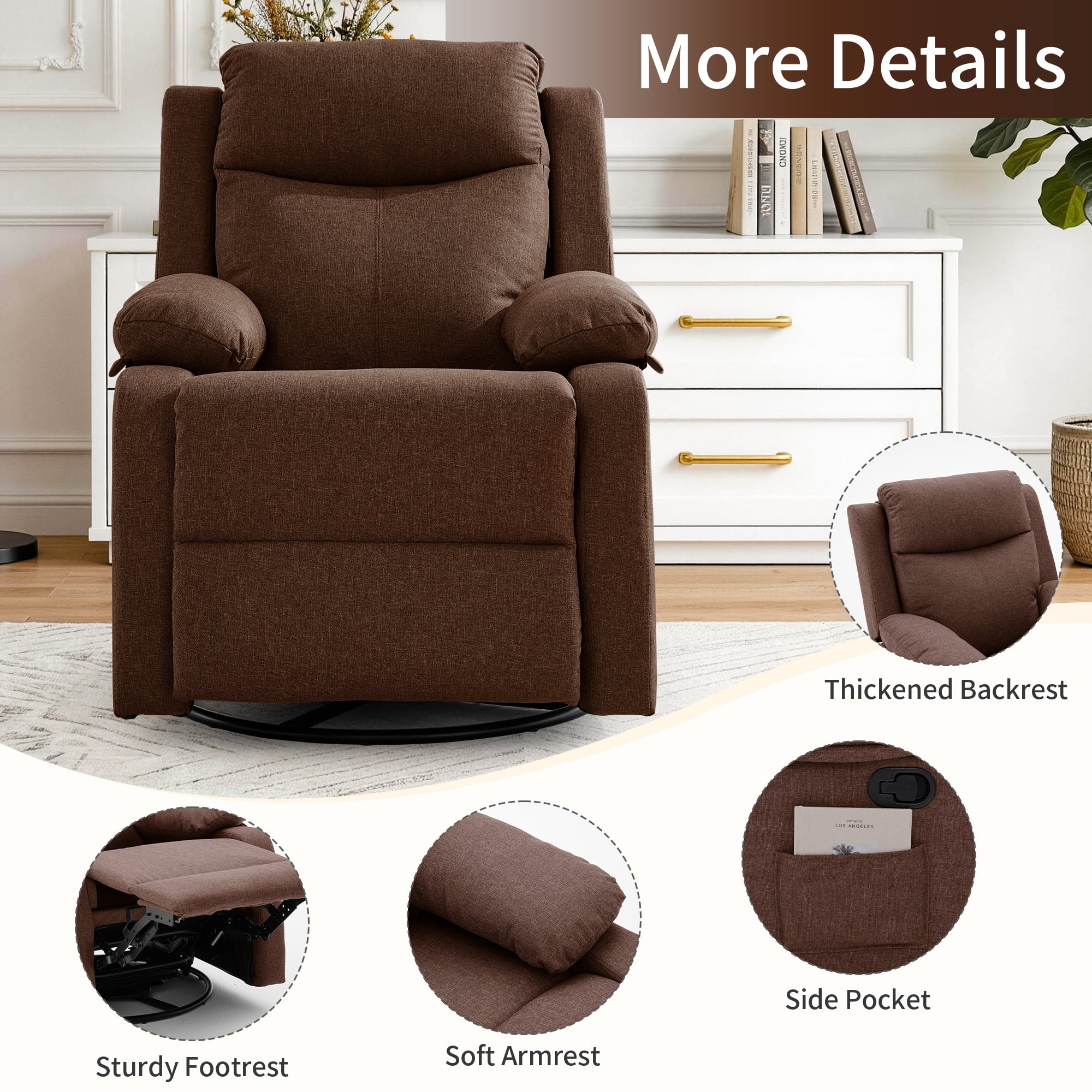 GEEYOO Manual Swivel Rocker Recliner Chair with Side Pockets,Small Recliner Chair for Small Spaces,Upholstered Linen Fabric Glider Nursery Chair for Living Room,Brown