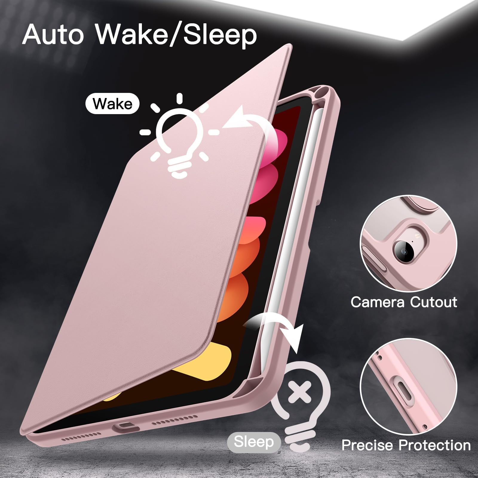 JETech Rotating Case for iPad mini (A17 Pro, 2024 Model, 7th Generation) / mini 6 (2021 Model, 6th Generation) with Pencil Holder, 360 Degree Rotation Protective Stand Cover Clear Back (Pink)
