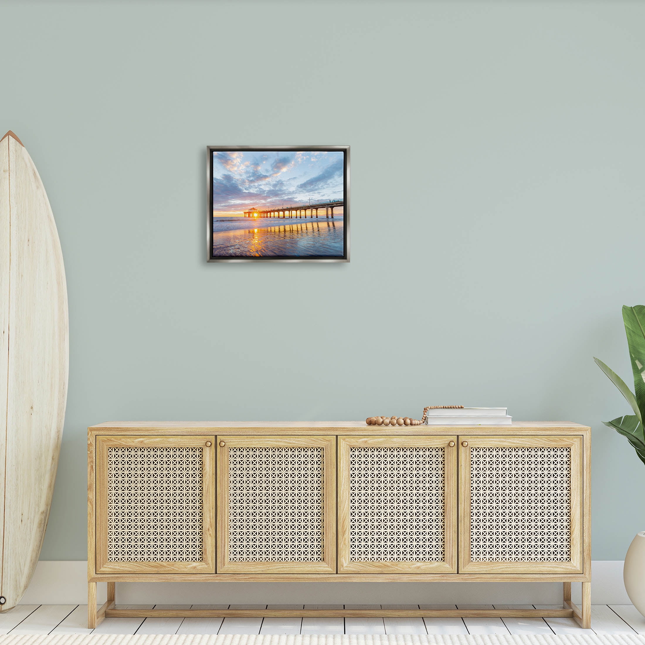 Ocean Pier Sunrise Reflection Coastal Photograph Luster Gray Framed Art Print Wall Art