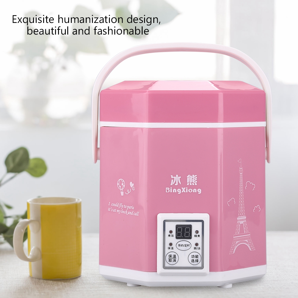 Multi-Function Cooking Pot for On-the-Go Portable 1.2L 200W Mini Rice Cooker with Dual Steaming Layer, Pink