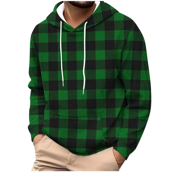 KeShDi Flannel Shirt for Men Fashion Pockets Long Sleeve Printing Hooded Sweatshirts Blouse Green L
