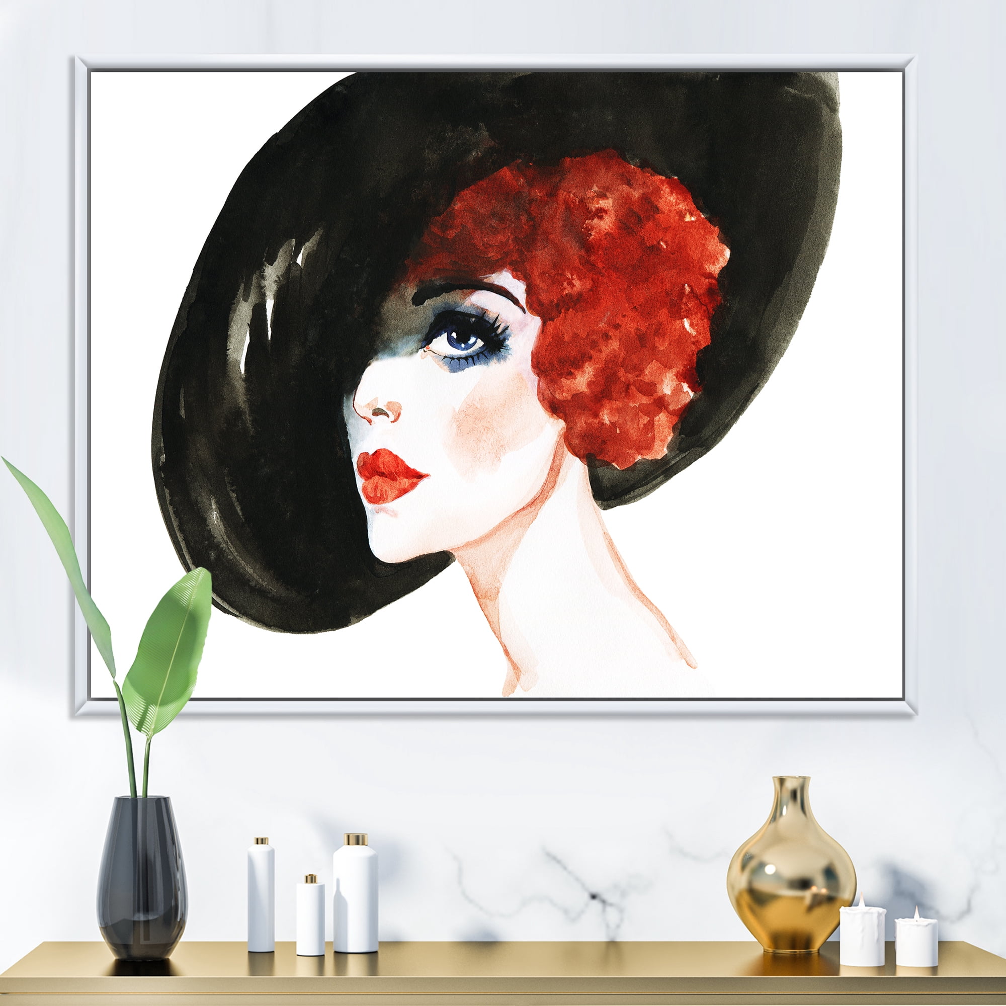 Designart 'Portrait of Woman Red Head Lady In Hat' Modern Framed Canvas Wall Art Print