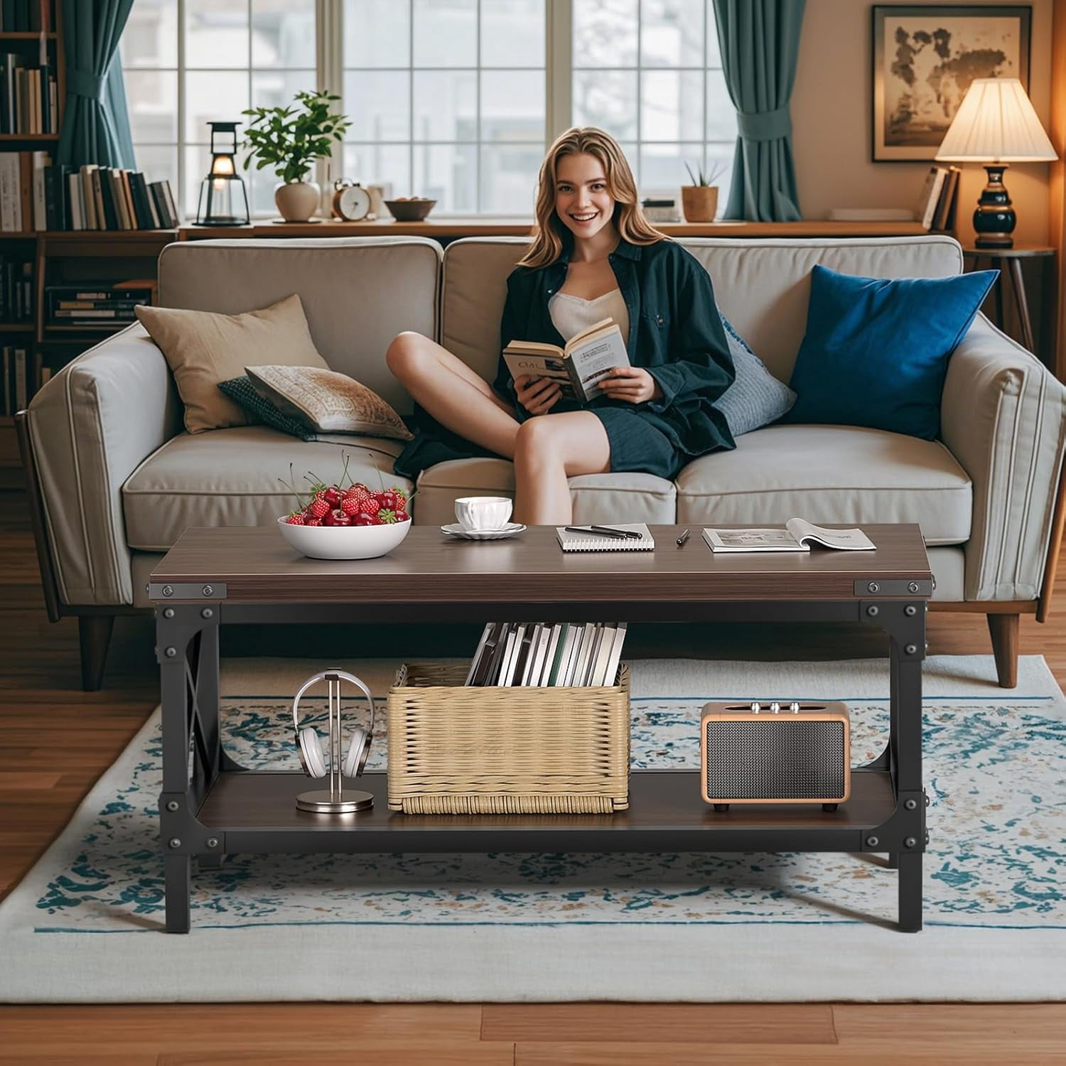 LazySpin Rectangle Wood Coffee Tables for Living Room, Walnut