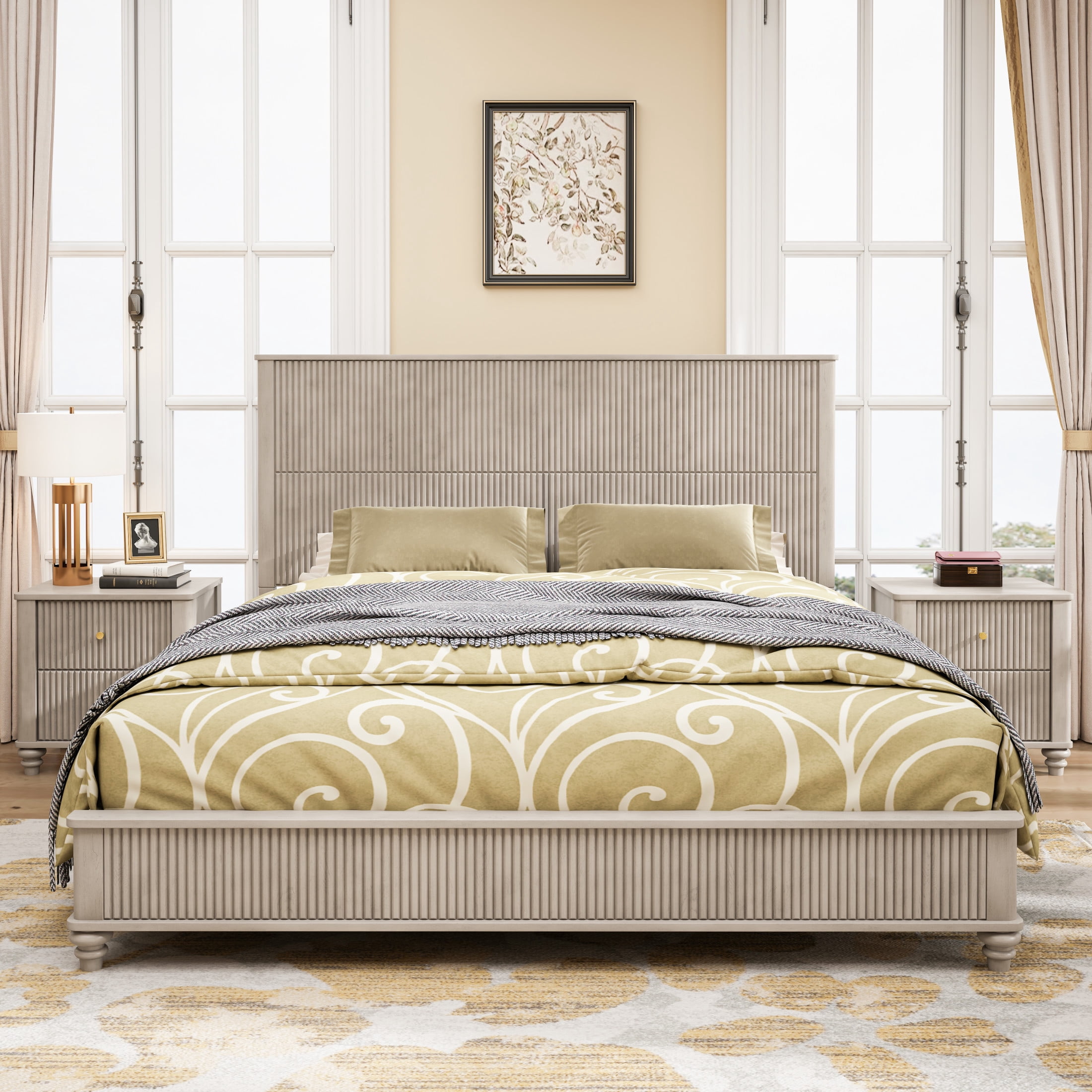 GDF Studio King Size Solid Wood Platform Bed with Tall Headboard, No Box Spring Needed, Beige