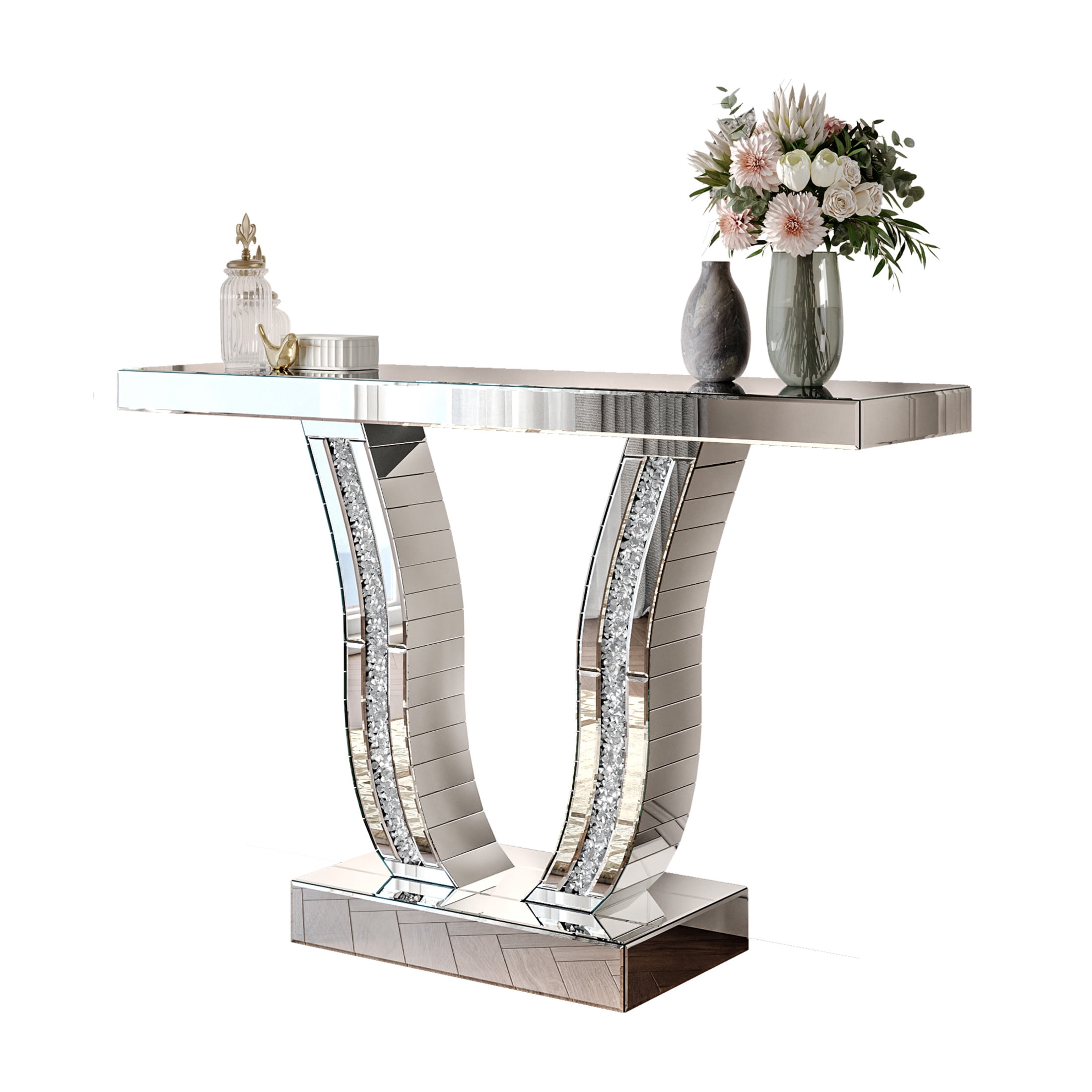 Noble House Mirrored Console Table, Modern Silver Entryway Sofa Table with Curved Stone-Inlaid Legs, Silver Glam Entryway Table,Silver