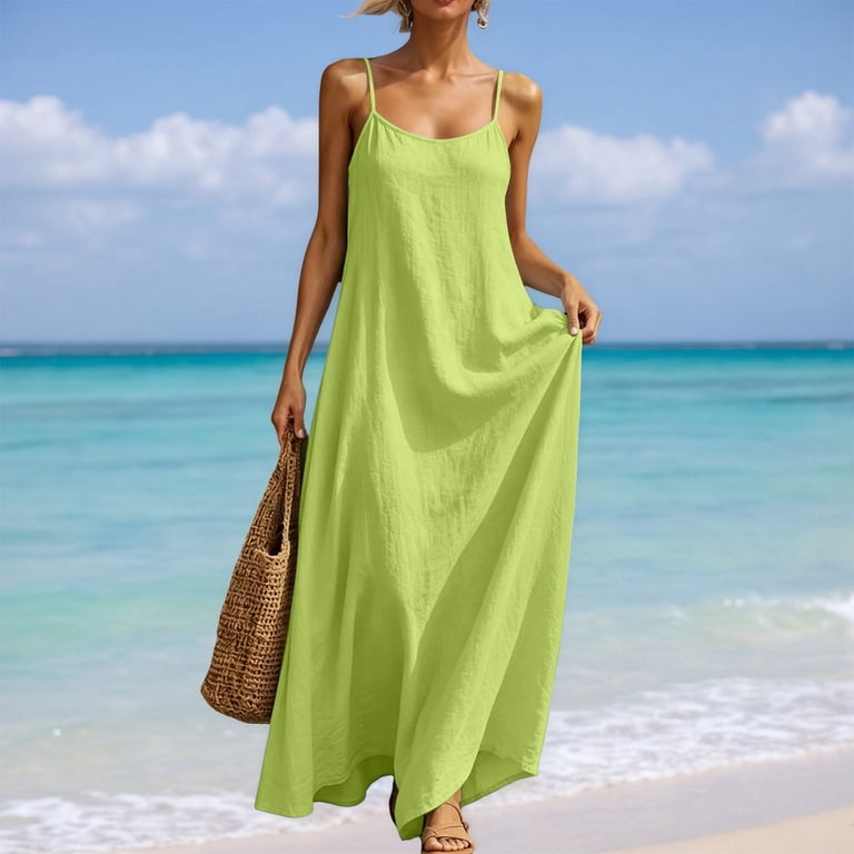 sea green contrast dresses Ajgrhe Women's 2026 Summer Linen Maxi Dress Spaghetti Strap Beach Dress Backless Sleeveless Summer Beach Casual Dress Loose Flowy Long smocked waist dress