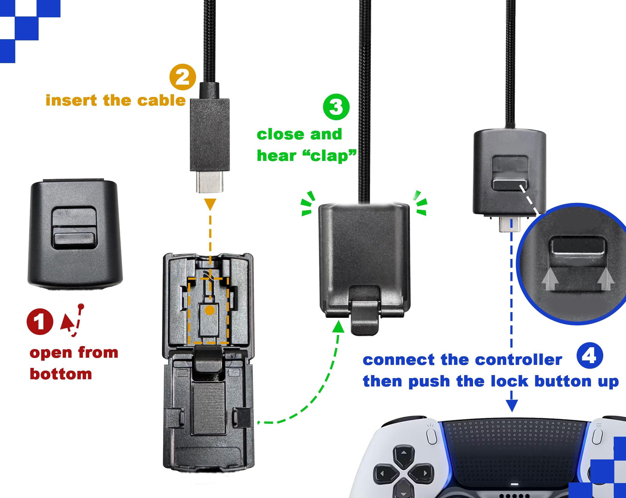 Replacement USB-C Cable & Locking Connector Kit for PS5 for DualSense Edge Controller, 9.2FT Braided Charging Camera Cord with Anti-Unplug Lock
