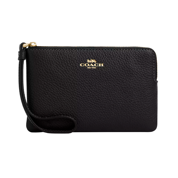 Monedero Coach Corner Zip Wristlet Negro en Piel Granulada para Mujer