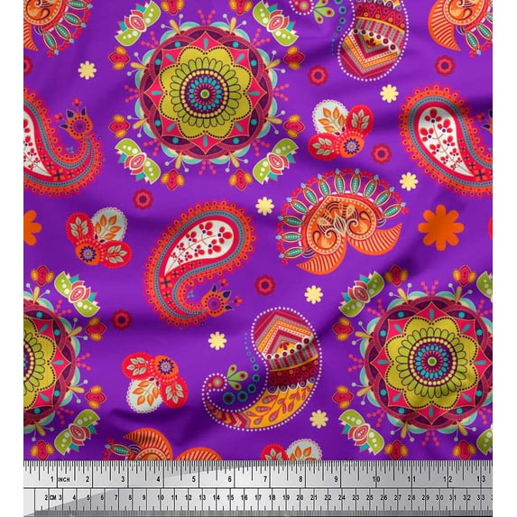 Soimoi polyester Crepe Fabric Mandala & Paisley Ethnic Printed Fabric 1 Yard 42 Inch Wide