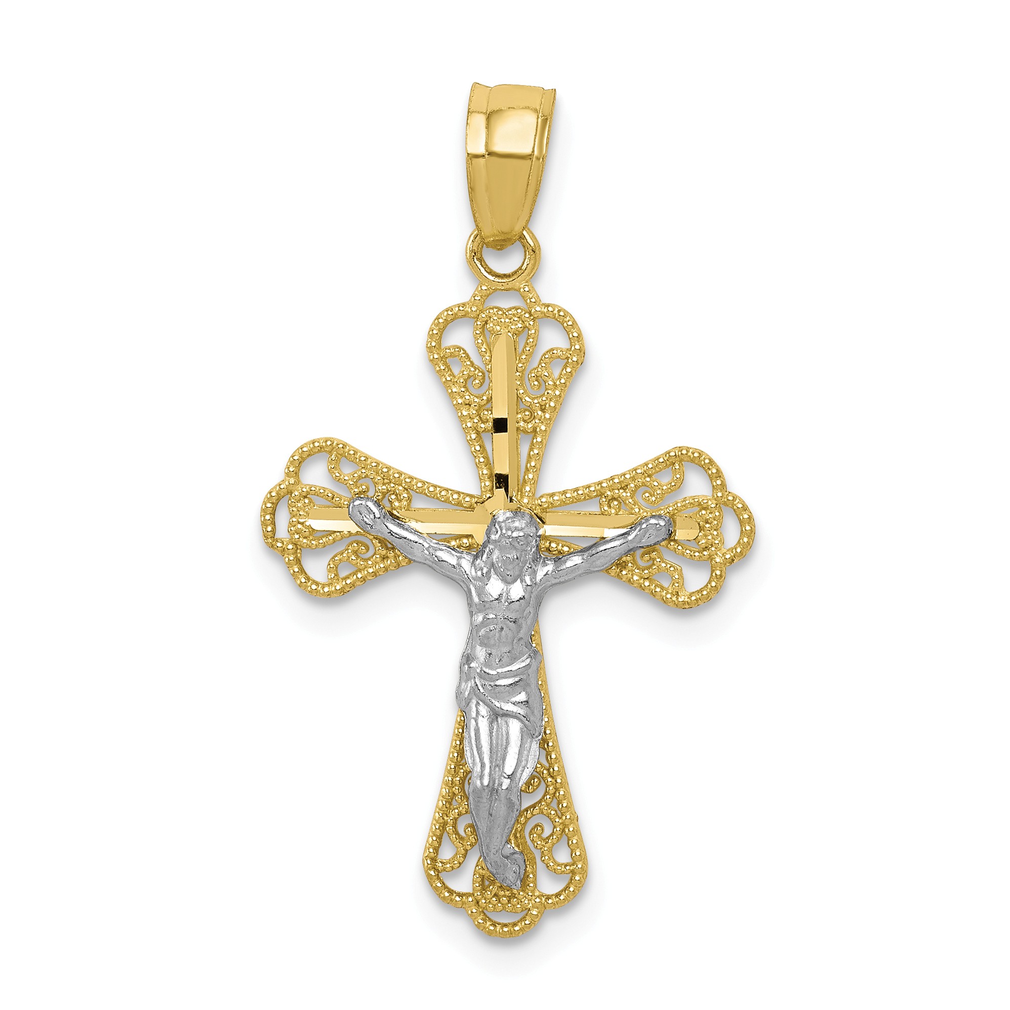 10k & Rhodium Filigree Crucifix Pendant in 10k Yellow Gold w/ Rhodium ...