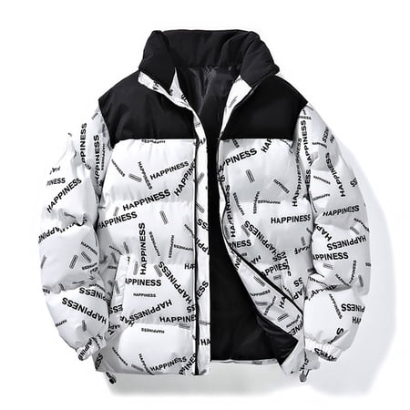 ZHOUCHANKIDS Fashion Stand Collar Letter Print Winter Warm Oversized Unisex Style Casual Outerwear Jacket for Women White XXL