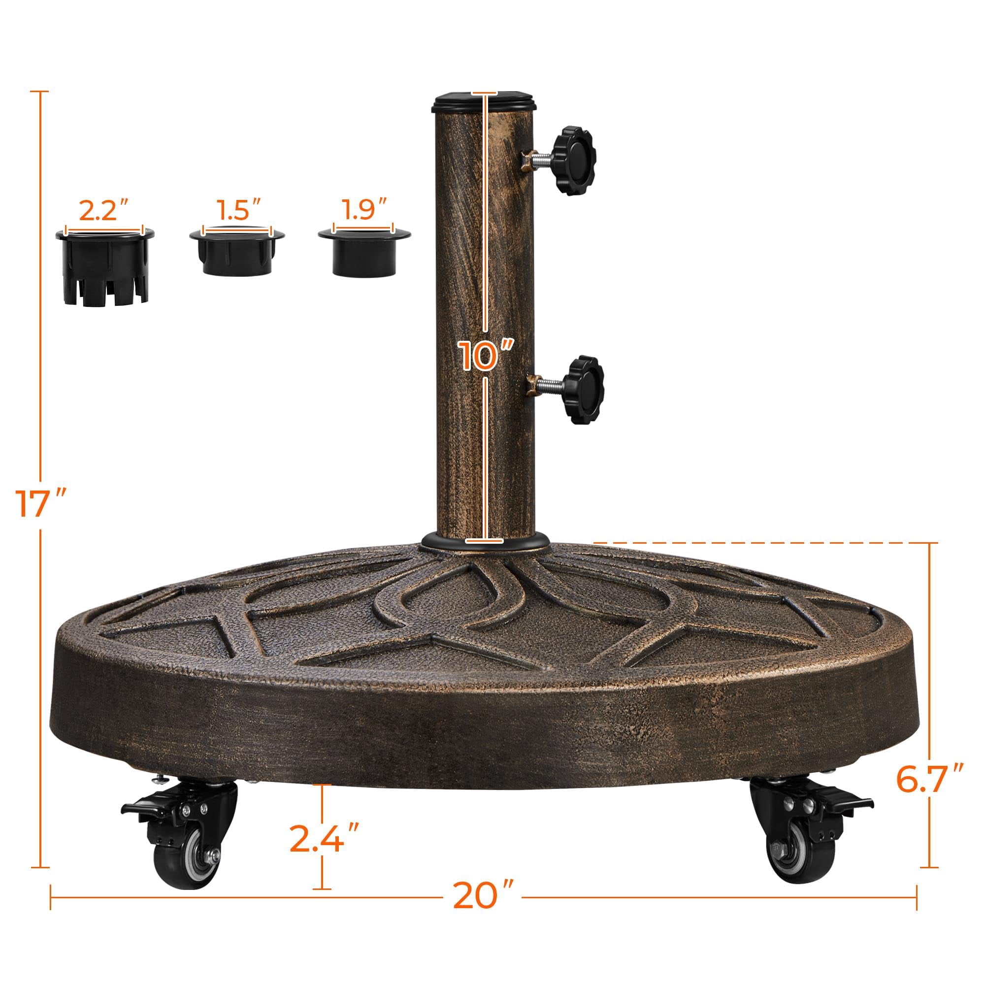 Heavy Duty Round Umbrella Base with Lockable Wheels, 20 Inch Market Patio Umbrella Stand for Garden, Yard, Outdoor, Fits Standard 1.5 to 1.9 Inch Poles, Bronze