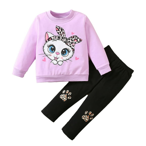 Likimi Toddler Kids Girls Outfit Set Animal Print Long Sleeve Crewneck Tees Pants 2Pcs Fashion Comfortable Soft Fall Winter Clothing Set Size 5-6 Years Purple