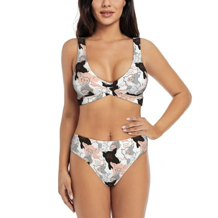 Zeuib Pigs High Waisted Tummy Control Bikini Set - Knot Front Push Up Top & Cheeky Thong Bottom  Two-Piece Swimsuit for Women-Large