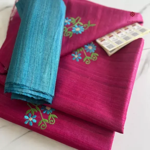 Raspberry Pink Tussar Ghicha Silk Embroidery Saree