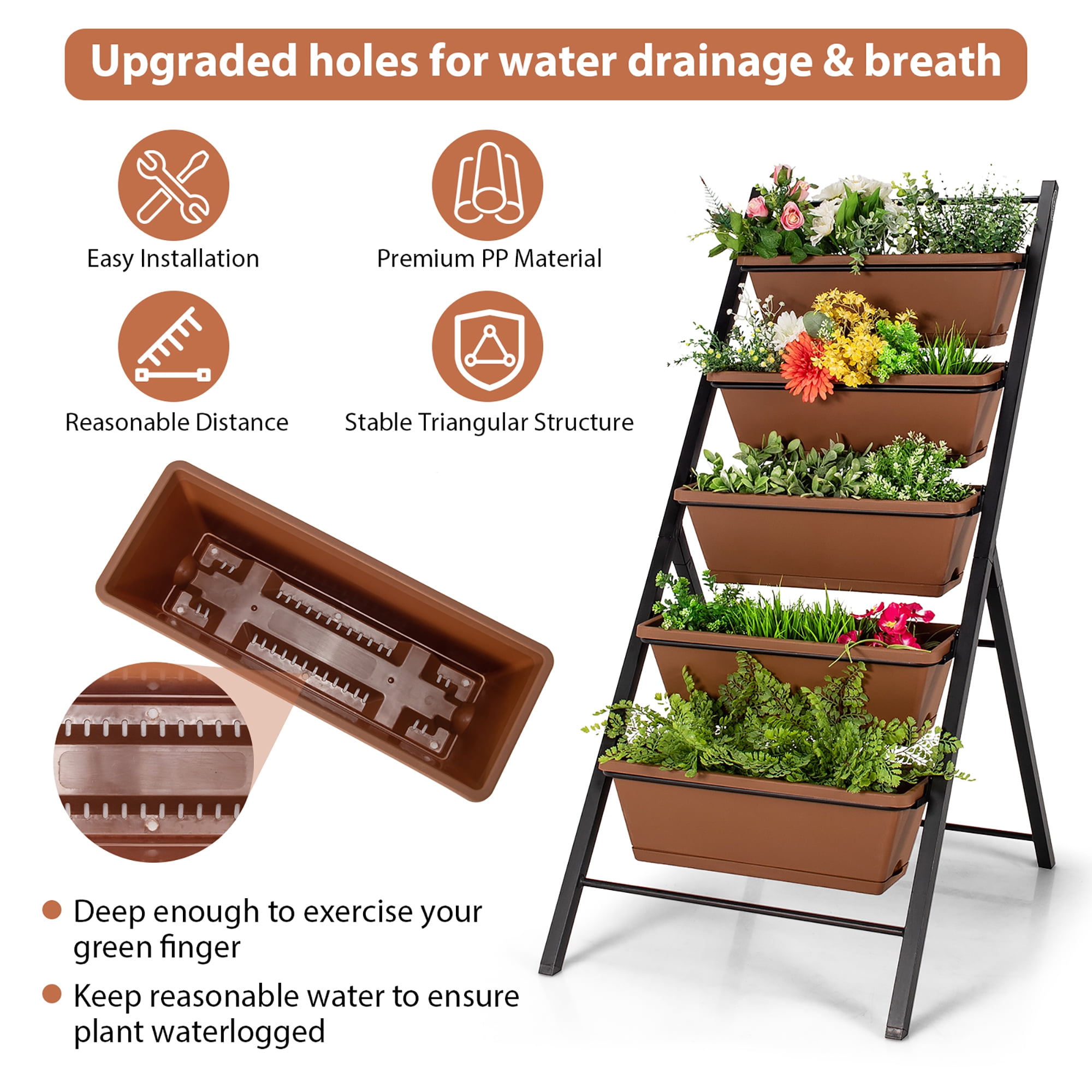 Costway 5-tier Vertical Garden Planter Box Elevated Raised Bed w/5 Container Brown