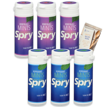 Spry 100% Xylitol Mints Variety Pack of 6 with Empire Mercante Digital Recipe Book, Sugar-Free, Gluten-Free, Non-GMO Breath Mints for Oral Health, Gum Care and Dry Mouth Relief 162g total (270 mints)