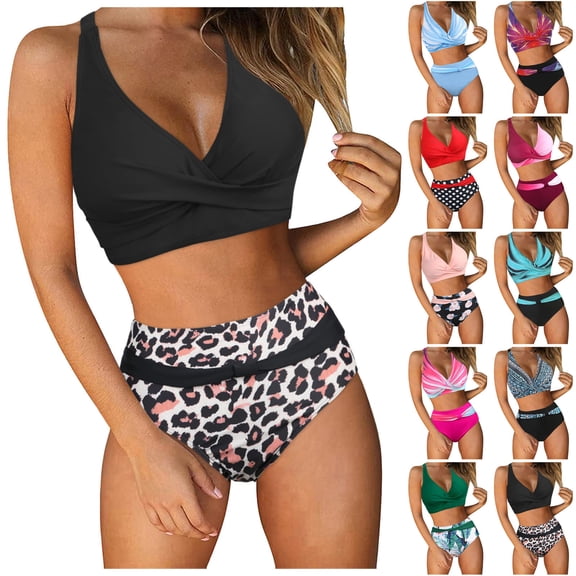 LILIYA Womens Swimsuits Two Piece Bikini Sets Bathing Suits for Women Summer Color Block Swimwear High Waist Print SwimSuits