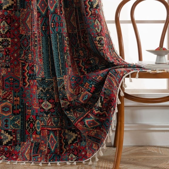 Vireellx Geometric Pattern Boho Jacquard Curtain 1 Panel Bohemian Semi-Sheer Window Curtain Panel Rod Pocket Drape with Tassels for Living Room Bedroom Kitchen
