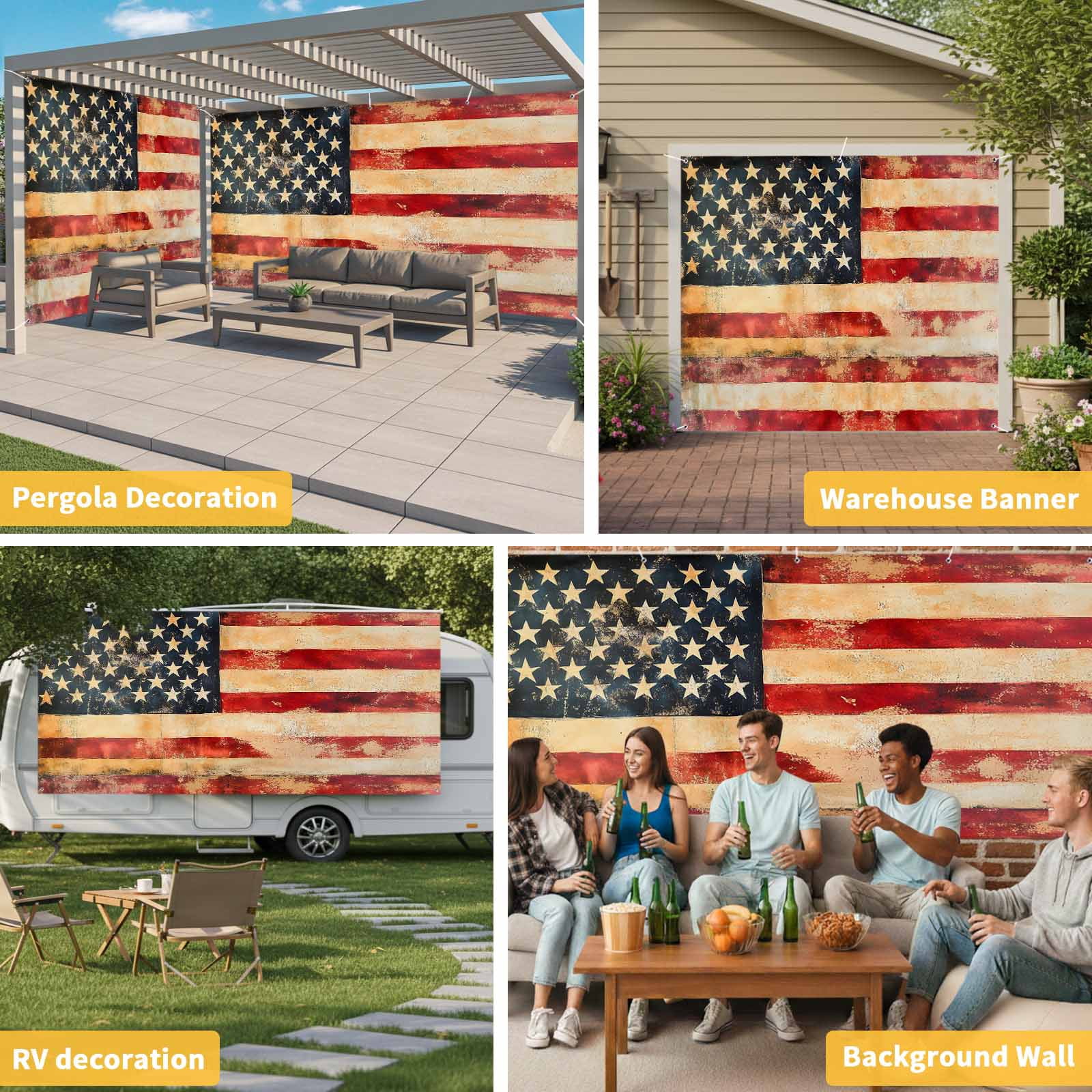 Retro American Flag Garage Door Cover Banner 7 x 8 FT, Vintage Red Strip Star US Flag Garage Door Curtains Backdrop with Grommets for Indoor Outdoor Wall Party Porch Yard Decorations Background