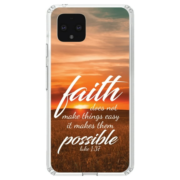 DistinctInk Clear Shockproof Hybrid Case for Google Pixel 4 (5.7" Screen) - TPU Bumper, Acrylic Back, Tempered Glass Screen Protector - Luke 1:37 - Faith Does Not Make Easy, It Makes Possible