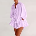 thumbnail image 4 of Purcolt Women 2 Piece Matching Set Dressy Casual Stripes Collared Long Sleeve Button Down Shirts Wide Leg Shorts Loose Fit Work Office Outfits with Ruffled Trim, 4 of 8