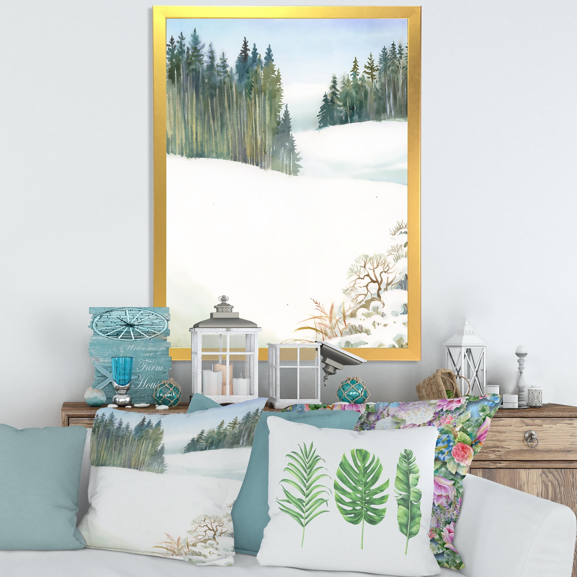 Designart 'Pine Forest In Snowy Winter Mountains' Traditional Framed Art Print
