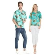 Angle View: Couple Matching Hawaiian Luau Outfit Aloha Shirts in Palm Green