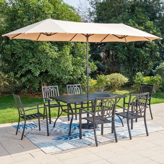 SUMMIT LIVING 8-Piece Outdoor Dining Set with 13 ft Umbrella, 6 Stackable Chairs & Rectangle Table, All-Weather Metal Furniture, Black & Beige