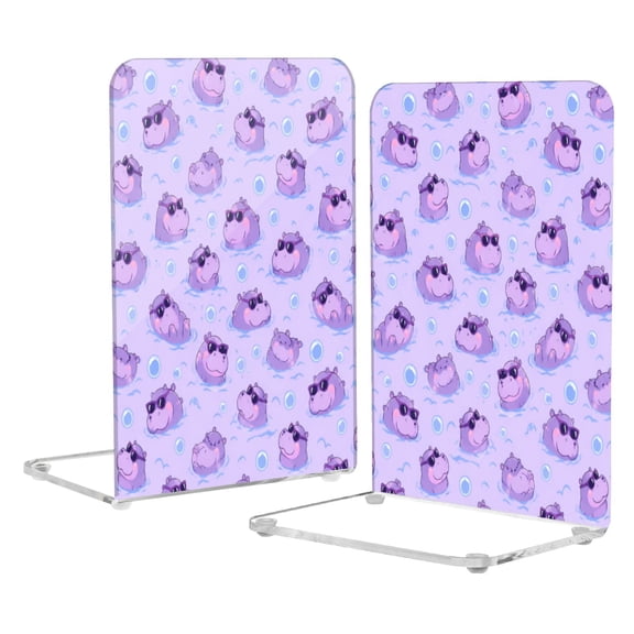 Wobogo Cute Hippos Acrylic Bookends Clear L-Shaped Book Holder with Non-Slip Pads for Books Files Magazines CD DVD 5.4×4.1×8.1in