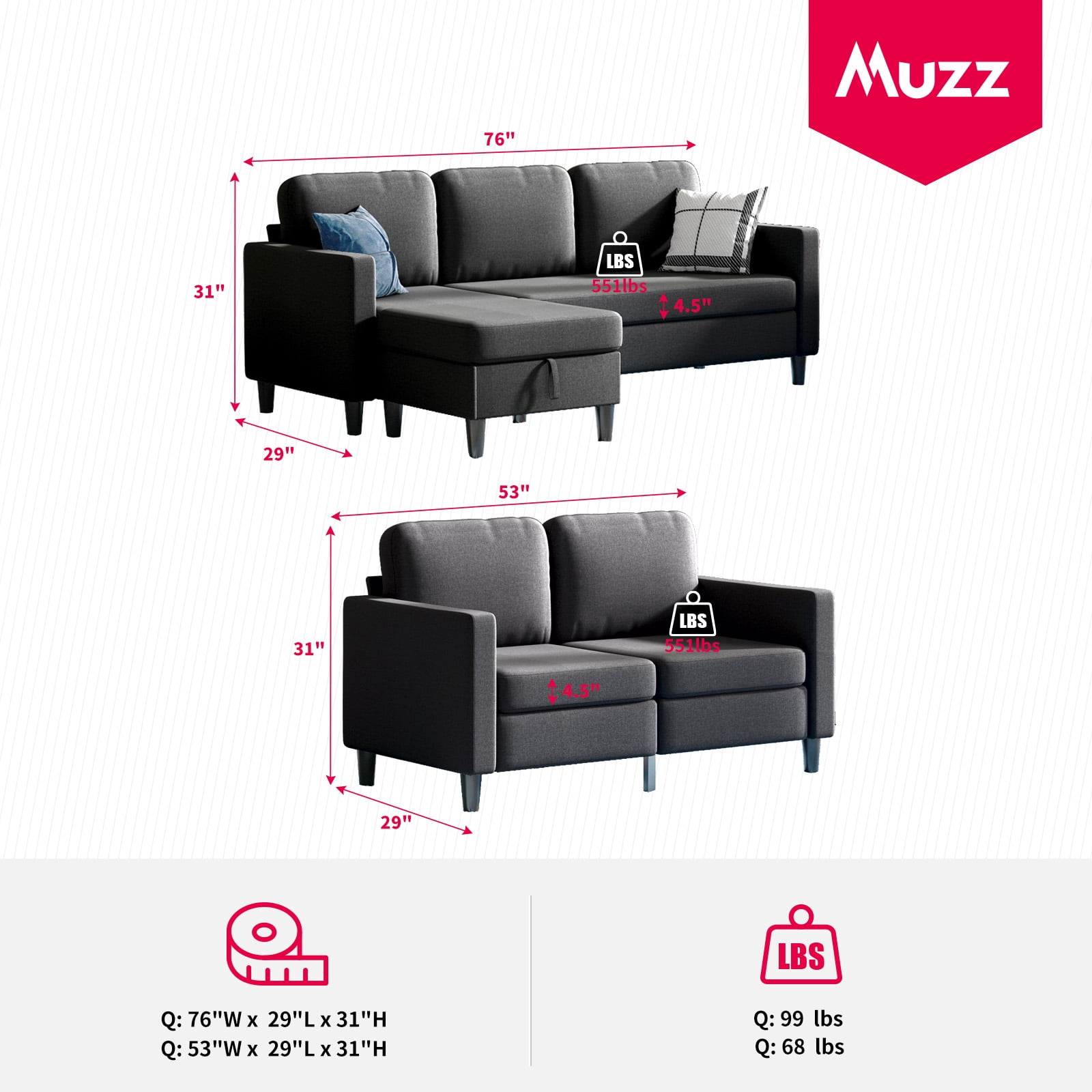 MUZZ Sectional Sofa Couches Set for Living Room (3-Seat Sectional Sofa&Loveseat Sofa/Dark Grey)