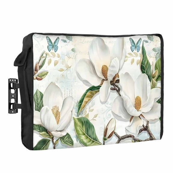 Outdoor TV Cover 60 to 65 Inches, Magnolia Flowers Green Leaf Retro Background Pastoral Style Waterproof TV Cover with Remote Control Pocket, Flat Screen TV Cover Protector for Outside TV
