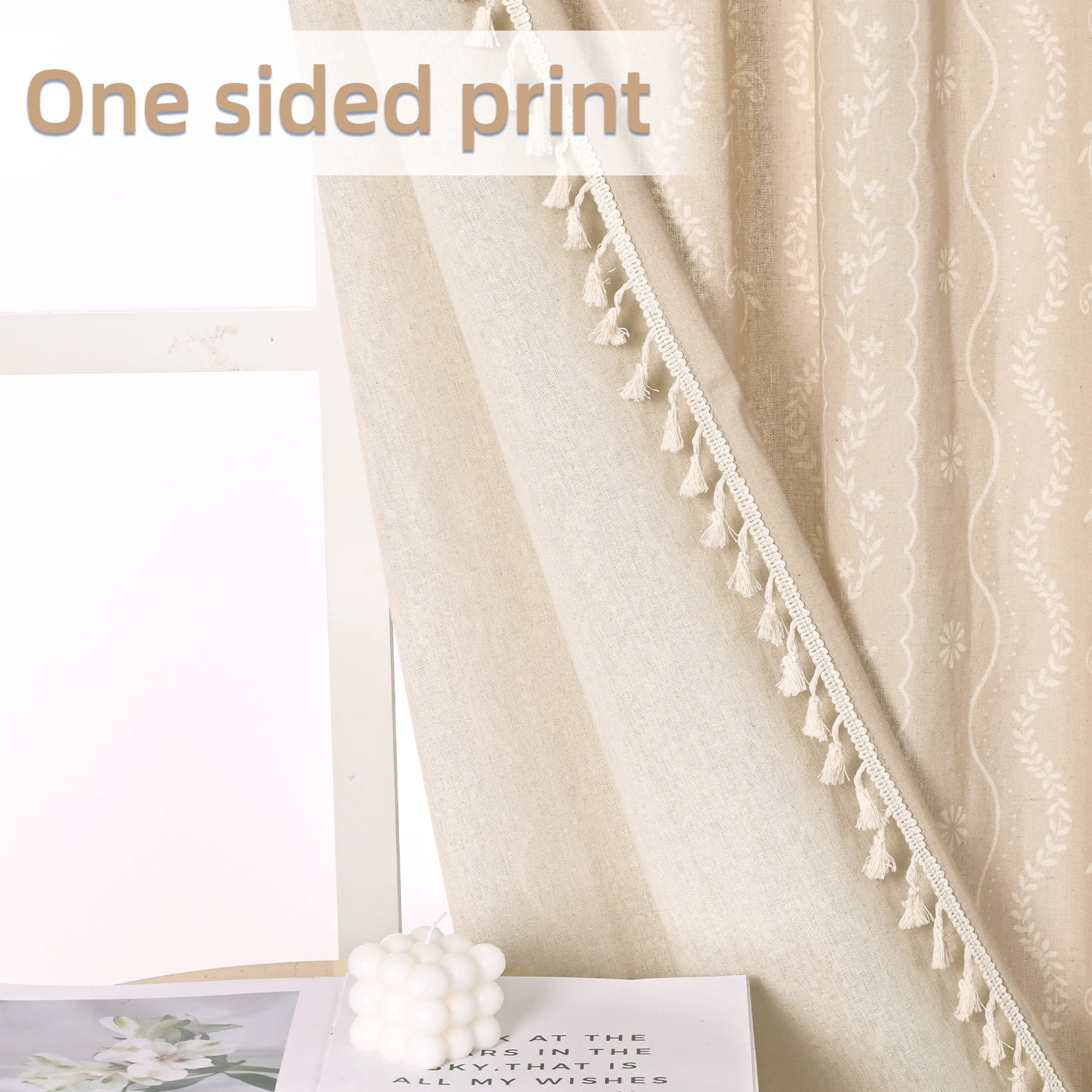 Invoibler Boho Farmhouse Beige Filtering Window Curtains, Linen Blend Drapes with Tassels & White Pattern, 52" x 84", Set of 2