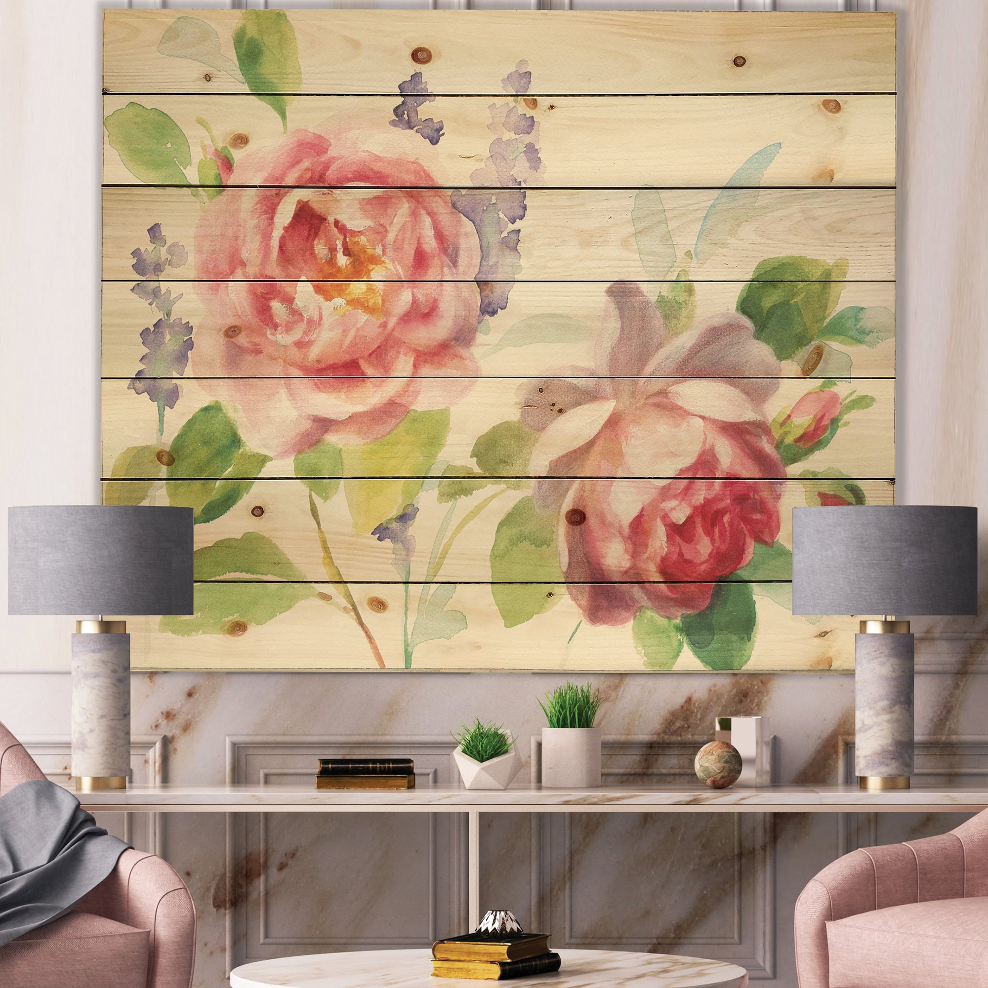 Designart 'Watercolor Roses Bouqet' Shabby Chic Print on Natural Pine Wood