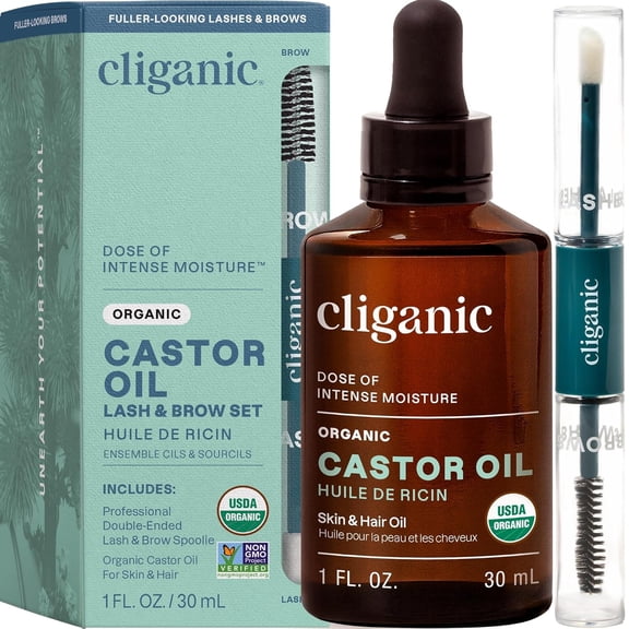 Cliganic Organic Castor Oil, Pure Hair Oil with Eyelash Kit for Eyelashes, Eyebrows, and Hair, 1 fl oz
