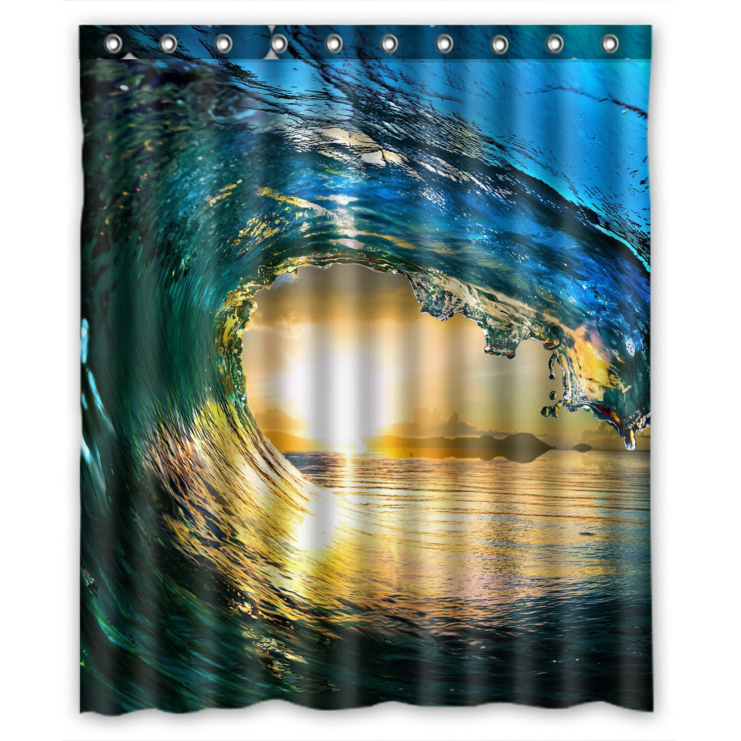 PHFZK Natural Ocean View Shower Curtain, Colored Sea Wave at Sunset Polyester Fabric Bathroom