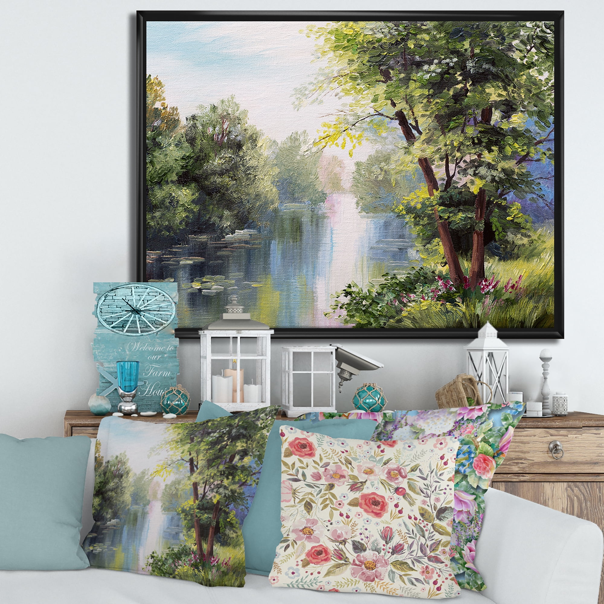 Lake In The Forest Summer Day - Landscape 20 in x 12 in Framed Painting Canvas Art Print, by Designart
