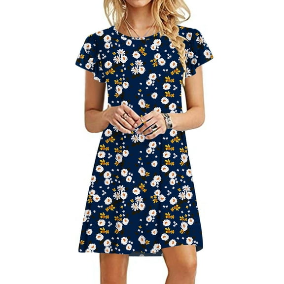 Women‘s Mini Dresses Summer Casual Ruffle Short Sleeve Cute Round Neck Flowy Dress With Pockets