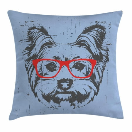 Yorkshire Square - Yorkie Throw Pillow Cushion Cover, Yorkshire Terrier Portrait Red Nerd Glasses Tainted Backdrop Animal Fun, Decorative Square Accent Pillow Case, 20 X 20 Inches, Pale Caramel Sand Brown, by Ambesonne