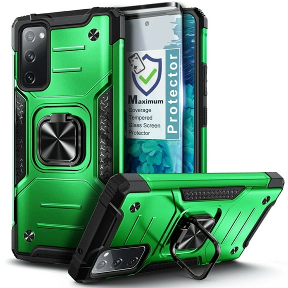 Nagebee Case for Samsung Galaxy A21s with Tempered Glass Screen Protector (Full Coverage), Full-Body Protective [Military-Grade], Magnetic Car Mount Ring Holder, Heavy-Duty Durable Case (Green)